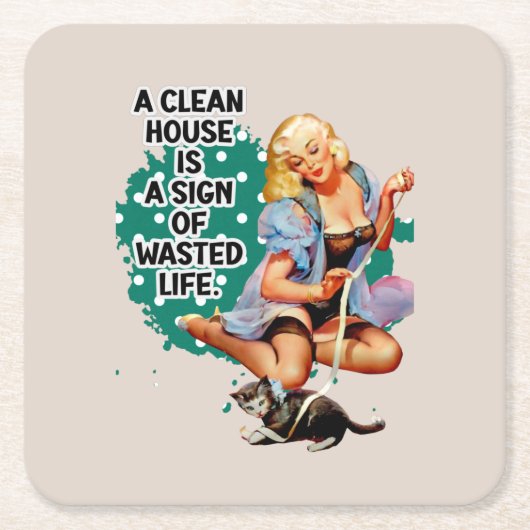 レトロおもしろいハウスマイドピアアップガールアート スクエアペーパーコースター (正面)