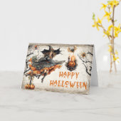 レトロおもしろいハロウィーンの不気味な悪い魔女 カード (黄色い花)