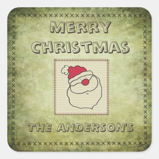 レトロおもしろいパッチワークSanta句 スクエアシール (正面)