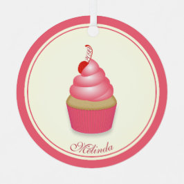 レトロおもしろいピンクカップケーキ名前日付 メタルオーナメント
