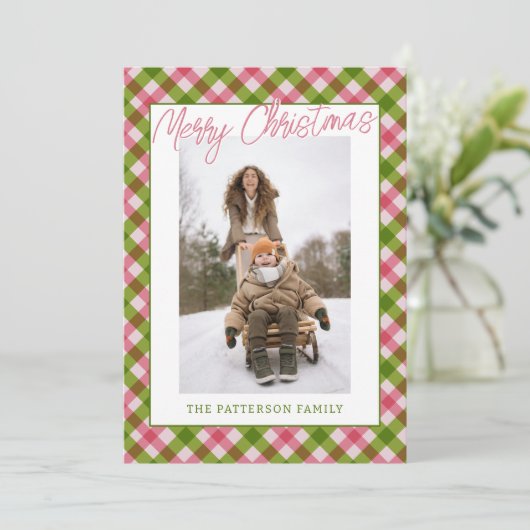レトロおもしろいピンクグリーンジンガムプレイドフォトクリスマス シーズンカード (スタンド正面)