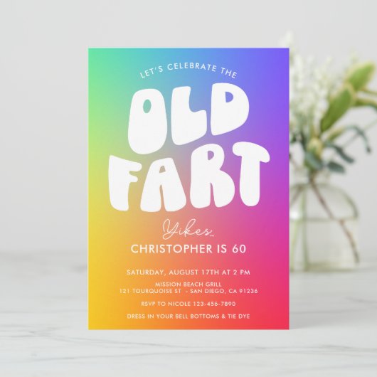 レトロおもしろいレインボーオールドファートニーエイジ誕生日 招待状 (スタンド正面)