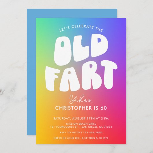 レトロおもしろいレインボーオールドファートニーエイジ誕生日 招待状 (正面/裏面)