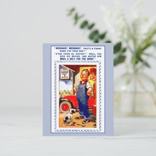 レトロおもしろいヴィンテージ整備士,ガレージ,犬 ポストカード (スタンド正面)