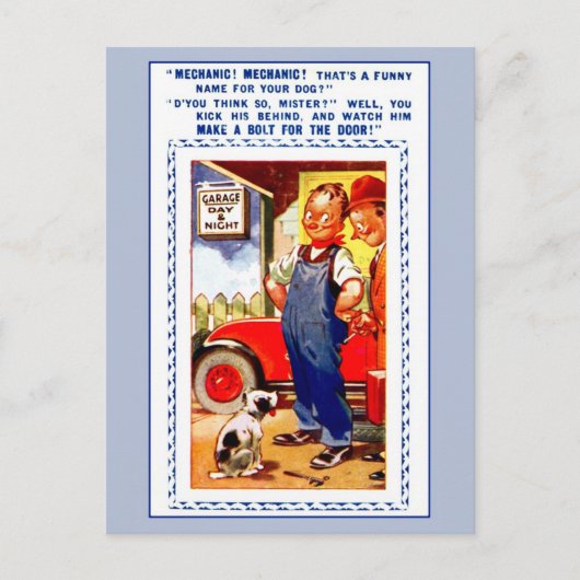 レトロおもしろいヴィンテージ整備士，ガレージ，犬 ポストカード (正面)
