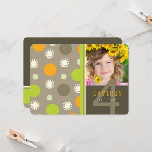 レトロおもしろい水玉模様フォトキッズバースデーパーティー 招待状 (正面/裏面インサイチュ)