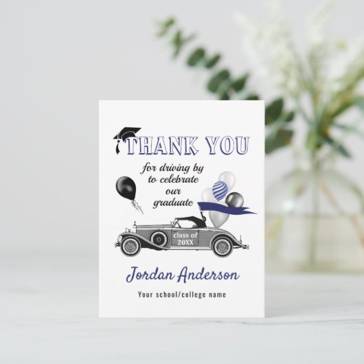 レトロおもしろい車のドライブ卒業ありがとうAnno 案内ポストカード (スタンド正面)