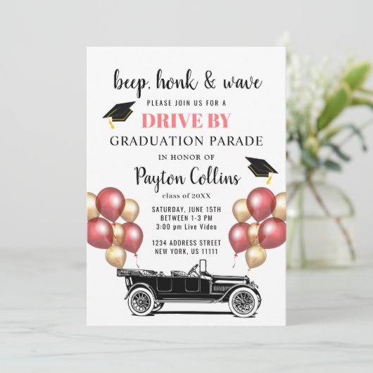 レトロおもしろい車の運転BY写真卒業パーティー 招待状 (スタンド正面)
