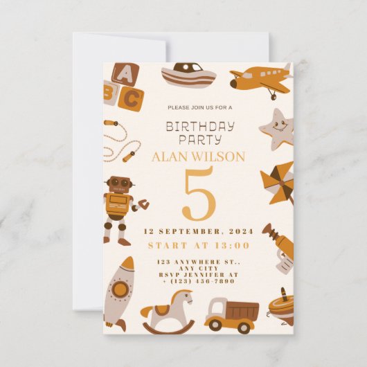 レトロおもちゃの男の子の誕生日パーティーへの招待状 サンキューカード (正面)
