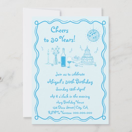 レトロお洒落アクアブルー落書き誕生日 招待状 (正面)