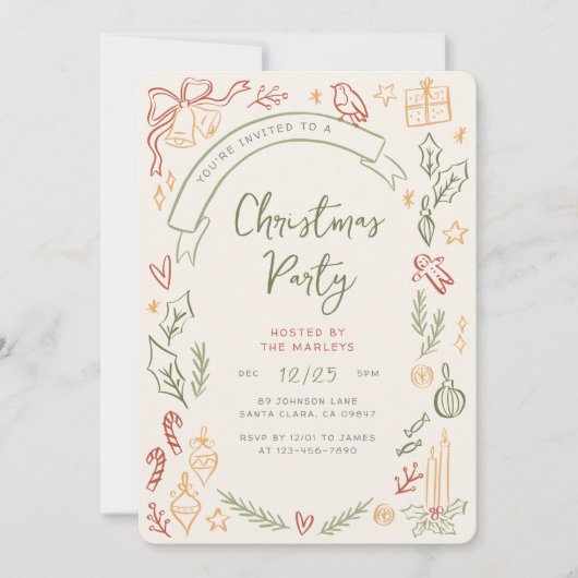 レトロお洒落イラストクリスマスパーティー 招待状 (正面)