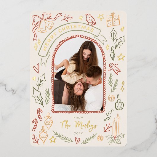 レトロお洒落クリスマスイラストアーチ写真 箔シーズンカード (正面)