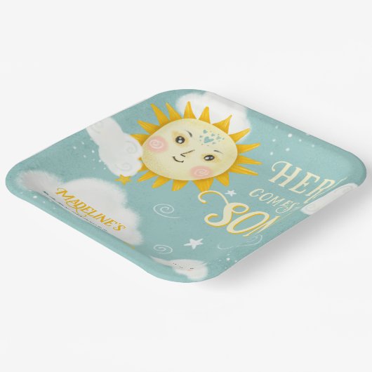 レトロお洒落サンこ来この息子の赤ちゃんシャワー ペーパープレート (傾斜あり)