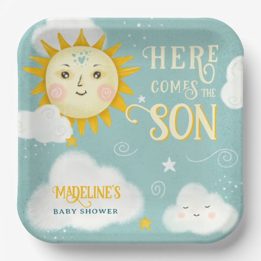 レトロお洒落サンこ来この息子の赤ちゃんシャワー ペーパープレート (正面)