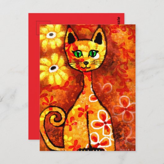 レトロお洒落ネコ子猫フローライエローレッドオレンジ ポストカード (正面/裏面)