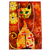 レトロお洒落ネコ子猫フローライエローレッドオレンジ ミディアムペーパーバッグ (裏面)