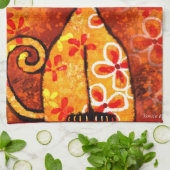 レトロお洒落ネコ子猫フローラオレンジイエローレッド キッチンタオル (折り畳み)