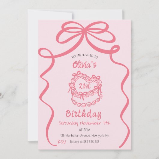 レトロお洒落ピンクケーキヴィンテージ誕生日パーティー 招待状 (正面)