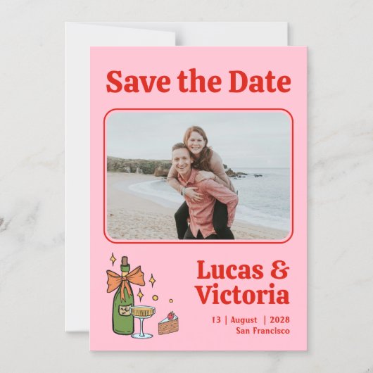 レトロお洒落ピンク写真結婚式の日付を保存 マグネット招待状 (正面)