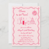 レトロお洒落ホットピンク落書き誕生日 招待状 (正面)