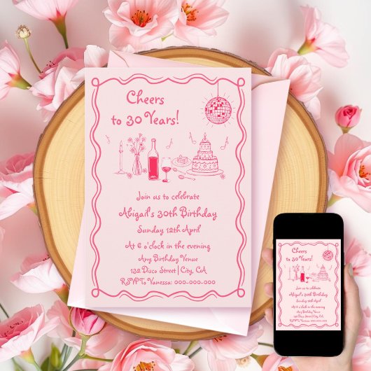 レトロお洒落ホットピンク落書き誕生日 招待状