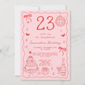 レトロお洒落レッド予測できな・ピンク23誕生日 招待状 (正面)