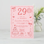 レトロお洒落レッド予測できな・ピンク29誕生日 招待状 (スタンド正面)