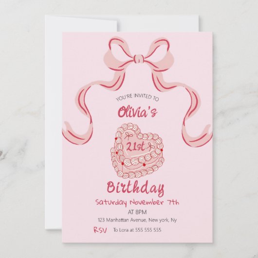 レトロお洒落ヴィンテージピンクケーキ誕生日パーティー 招待状 (正面)