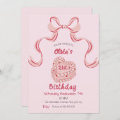 レトロお洒落ヴィンテージピンクケーキ誕生日パーティー 招待状 (正面/裏面)