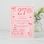 レトロお洒落予測できなレッドピンク27誕生日 招待状 (スタンド正面)