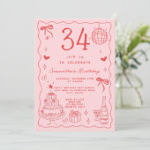 レトロお洒落予測できなレッドピンク34誕生日 招待状 (スタンド正面)