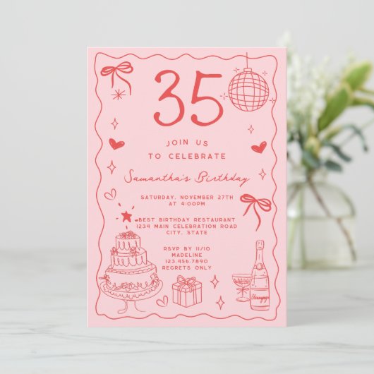 レトロお洒落予測できなレッドピンク35誕生日 招待状 (スタンド正面)