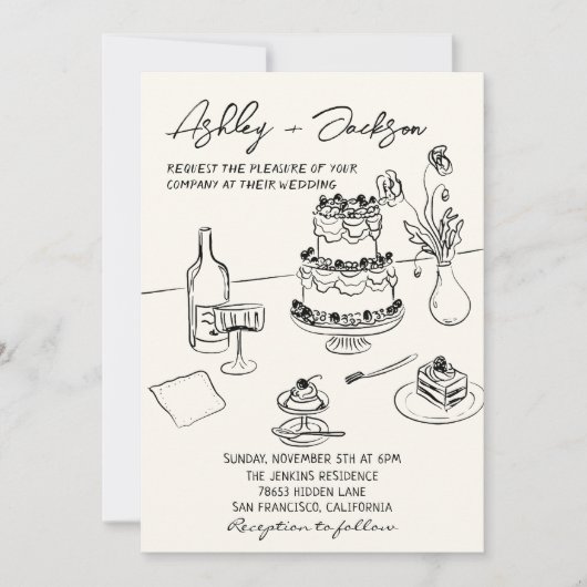 レトロお洒落予測できな手描きケーキ結婚ズ 招待状 (正面)