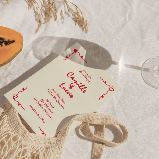 レトロお洒落手書き結婚レッド 招待状