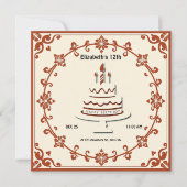 レトロお誕生日ケーキカード – ヴィンテージフローラデザイン 招待状 (正面)