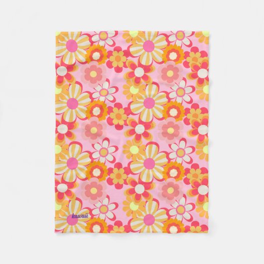 レトロかわいいお花デザイン♡ピンク フリースブランケット (正面)