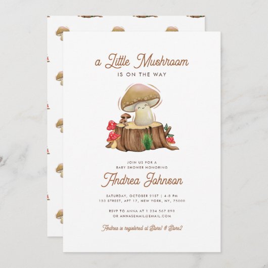 レトロかわいいかわいいリトルキノコ赤ちゃんシャワー 招待状 (正面/裏面)