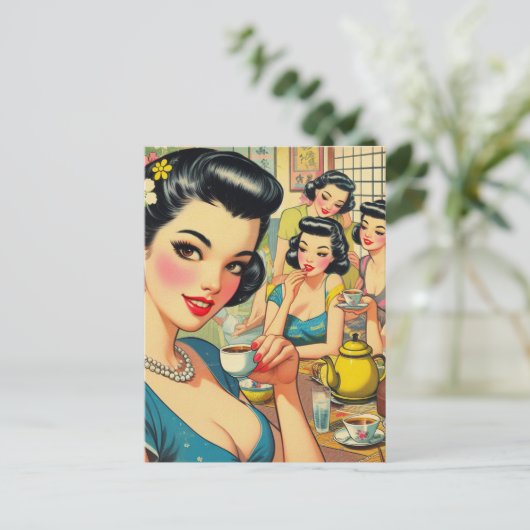 レトロかわいいアジアガールイラストレーション ポストカード (スタンド正面)