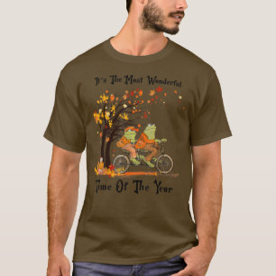 レトロかわいいカエル乗馬バイク紅葉秋Fr Tシャツ