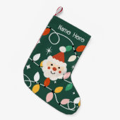 レトロかわいいサンタとフェアリーライトグリーン スモールクリスマスストッキング (正面 (吊り時))