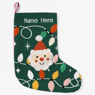 レトロかわいいサンタとフェアリーライトグリーン スモールクリスマスストッキング