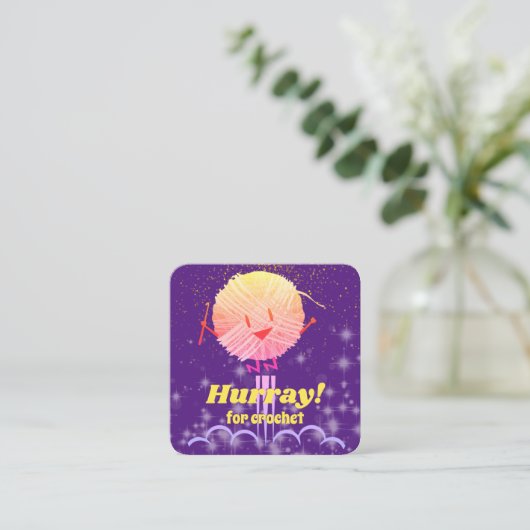 レトロかわいいジャンプ落書きヤーンクロシェのフックバス スクエア名刺 (スタンド正面)