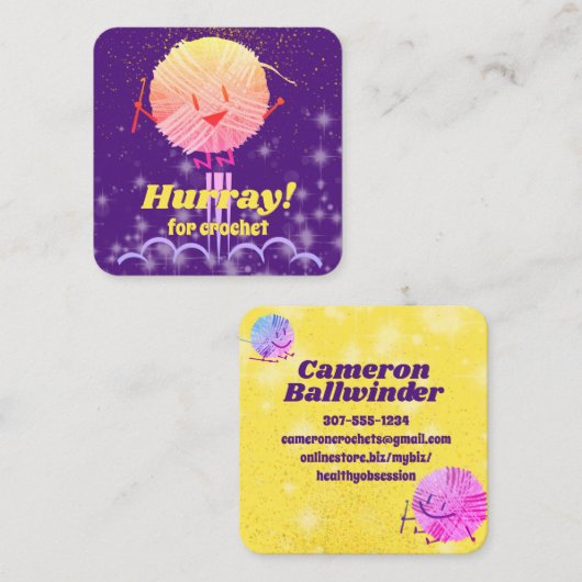 レトロかわいいジャンプ落書きヤーンクロシェのフックバス スクエア名刺 (正面/裏面)