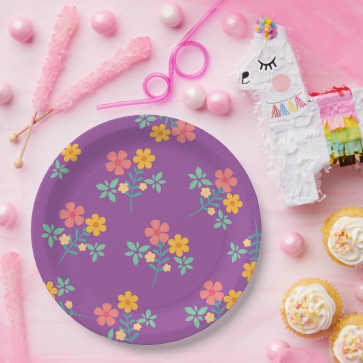 レトロかわいいデイジーブーケパターンin紫 ペーパープレート (パーティー)