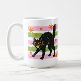 レトロかわいいハロウィン黒猫のストライプと星 コーヒーマグカップ
