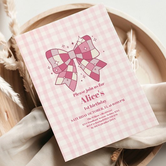 レトロかわいいピンクボウコケット1歳の誕生日 招待状