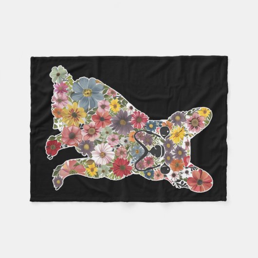レトロかわいいフランスのブルドッグフローラペットドッグアニマルロー フリースブランケット (正面(横))