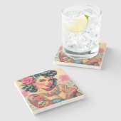 レトロかわいい入れ墨ピンアップ ストーンコースター (横)