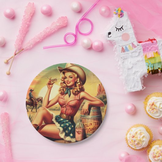 レトロかわいい女性のカーボーイ ペーパープレート (パーティー)