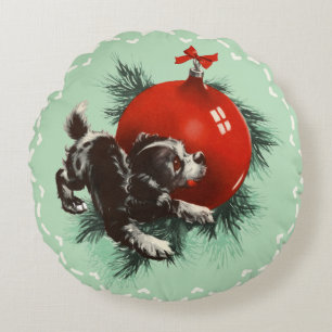 レトロかわいい子犬レッドオーナメントクリスマス ラウンドクッション